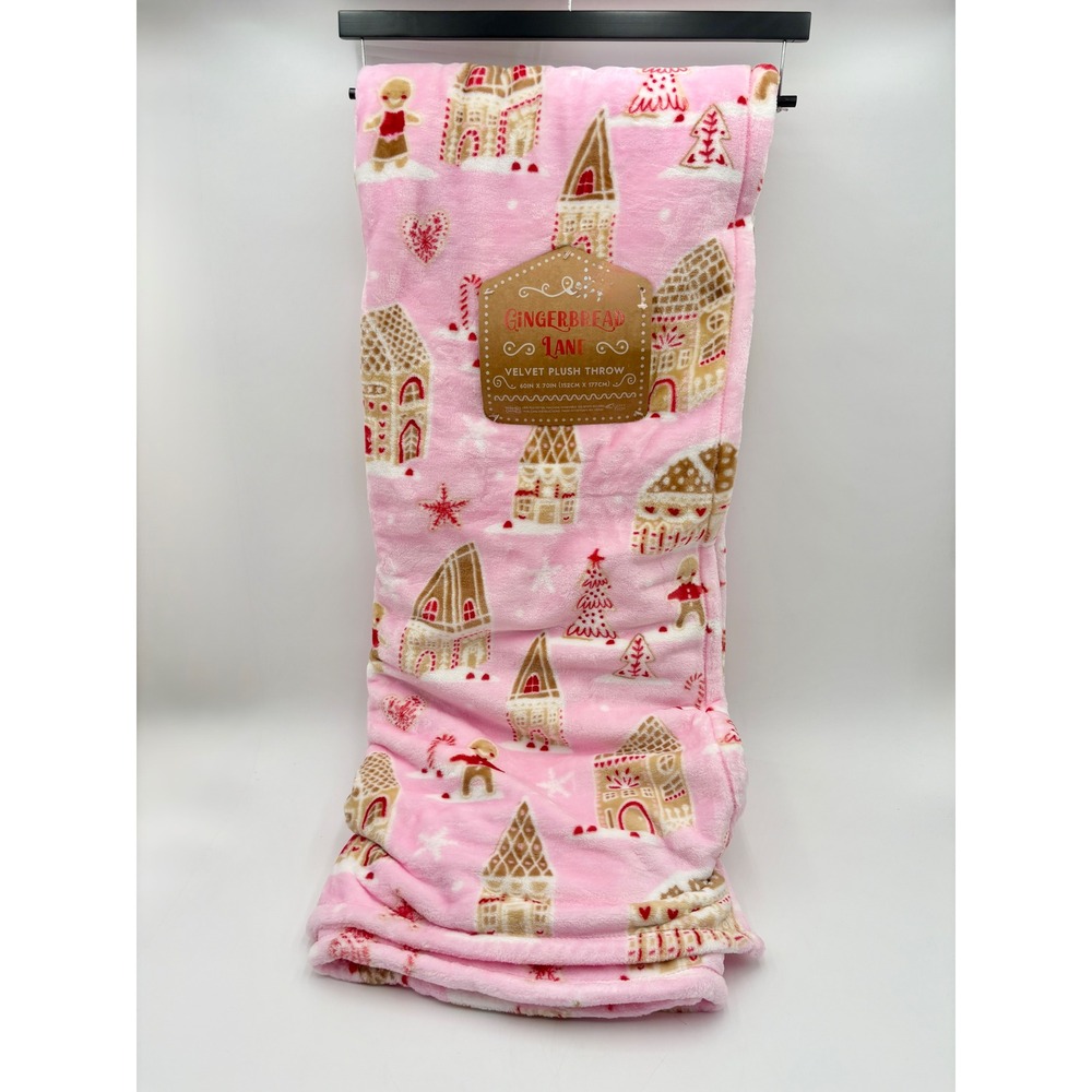 Gingerbread Lane Velvet Plush Throw Blanket Pink Christmas Holiday 60 x 70